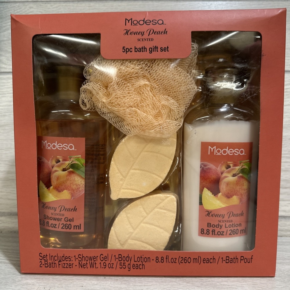 MODESA Honey Peach 5pc Bath Gift Set Shower Gel Body Lotion Bath Fizzer and Pouf